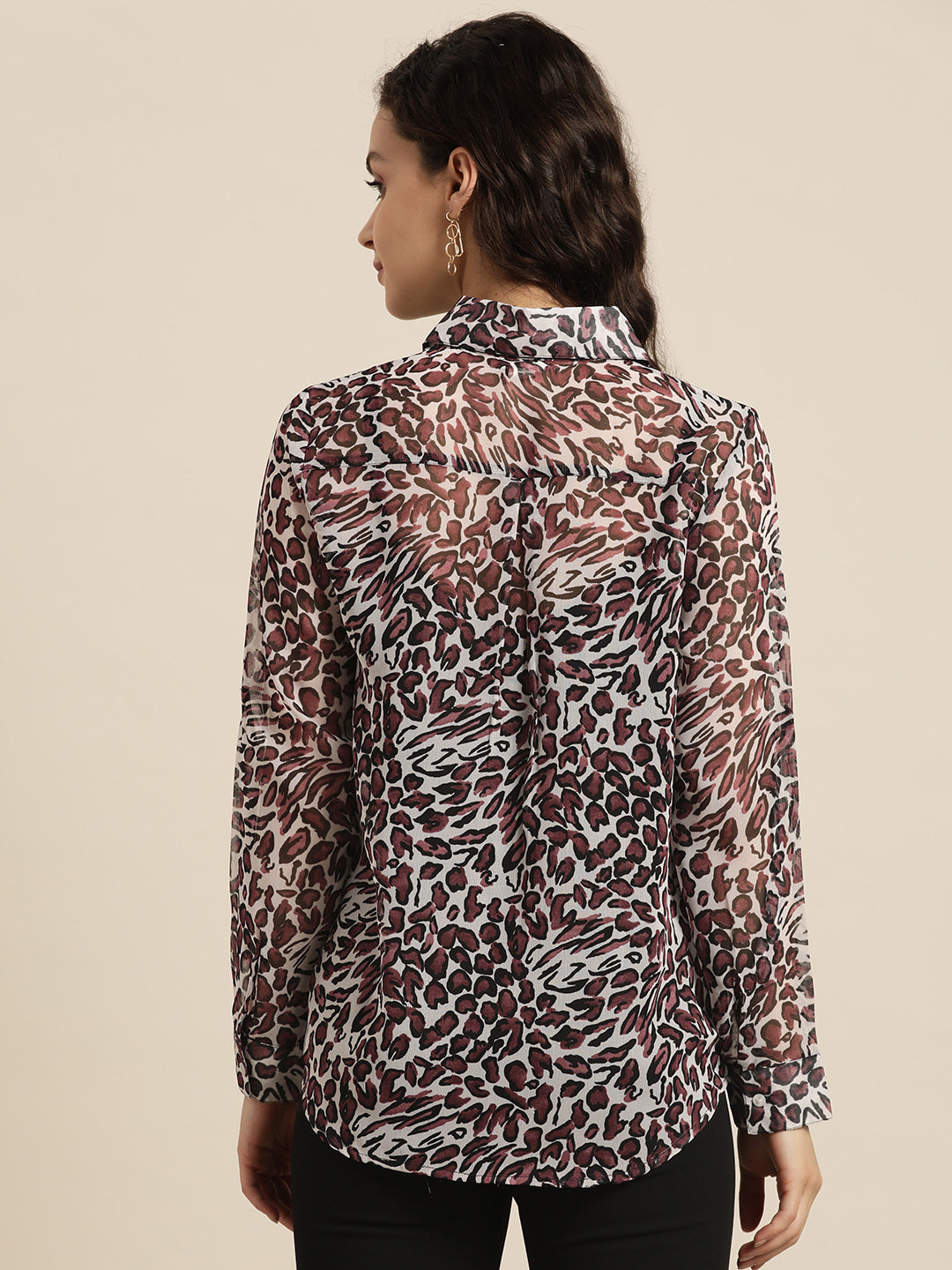 Animal Print Leopard Dark Burgundy Regular Fit Button Front Full Roll-up Sleeve Georgette Shirt