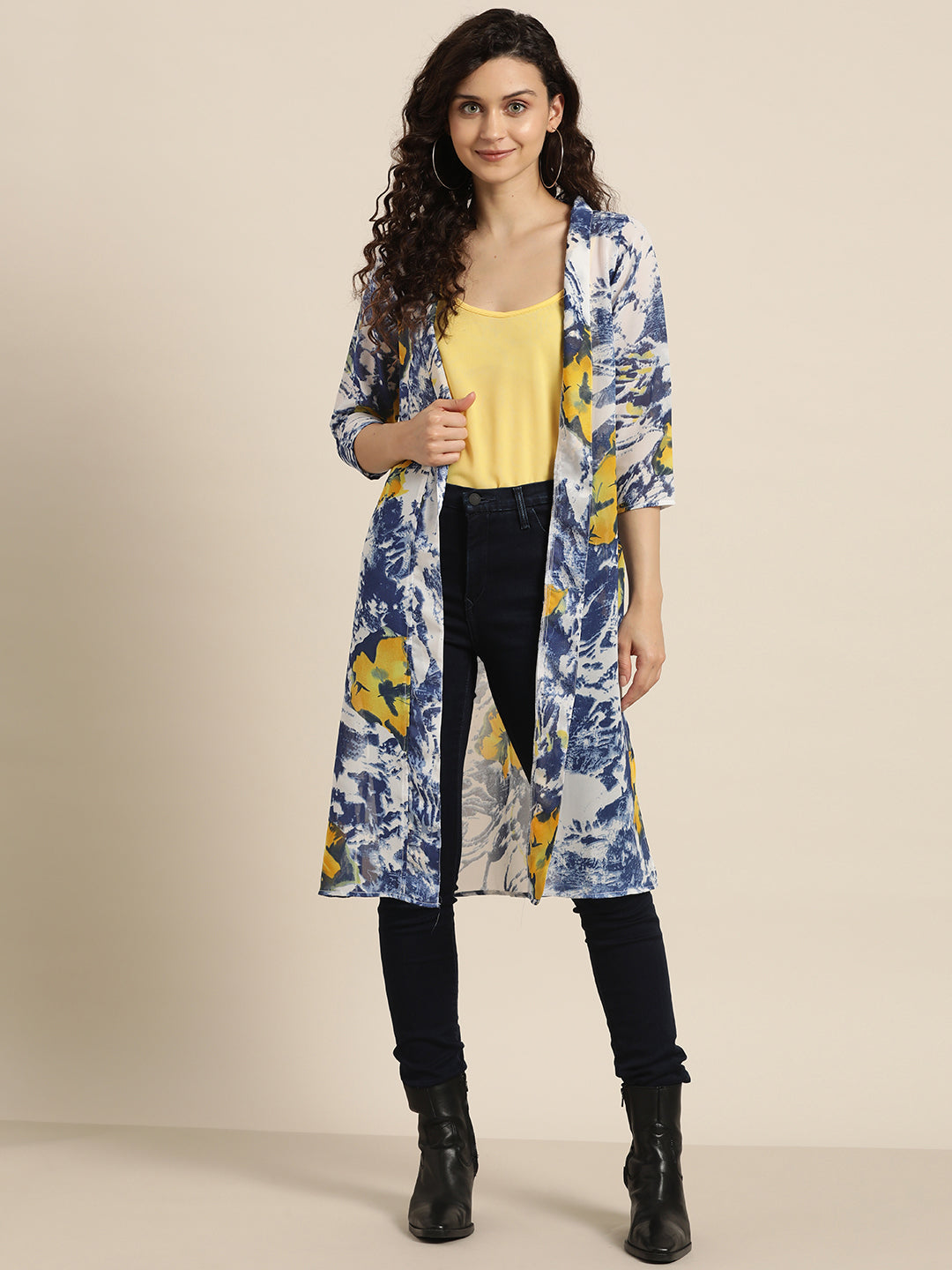 navy yellow floral print shrug