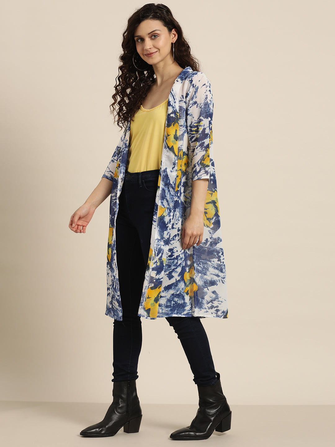 Floral Dark Navy Regular Fit V Neck Three Quarter Georgette Shrug