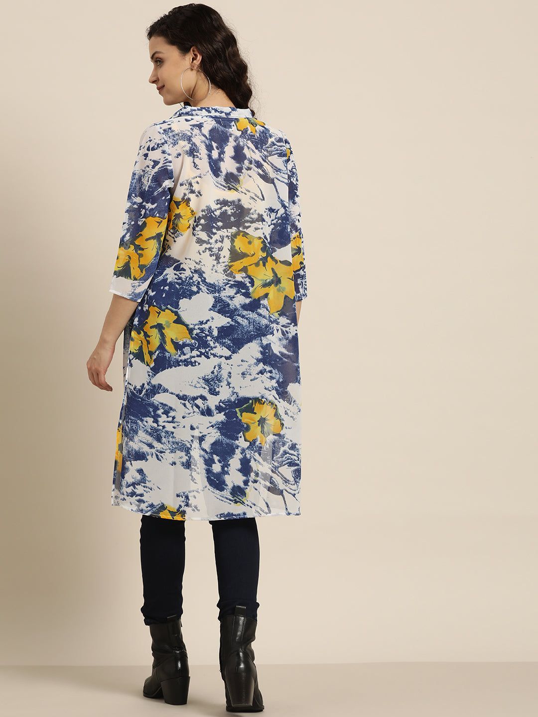 Floral Dark Navy Regular Fit V Neck Three Quarter Georgette Shrug