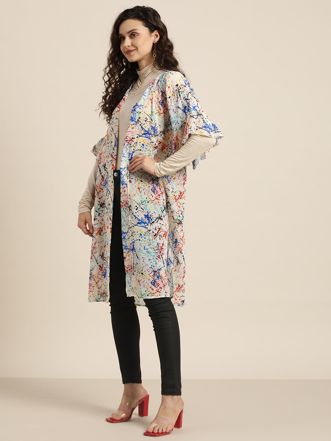Abstract Print Pastels Light White Regular Fit V Neck Three Quarter Ruffle Sleeve Georgette Shrug