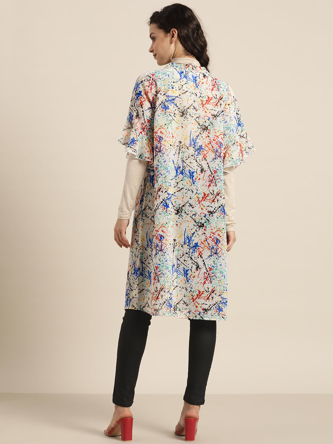 Abstract Print Pastels Light White Regular Fit V Neck Three Quarter Ruffle Sleeve Georgette Shrug