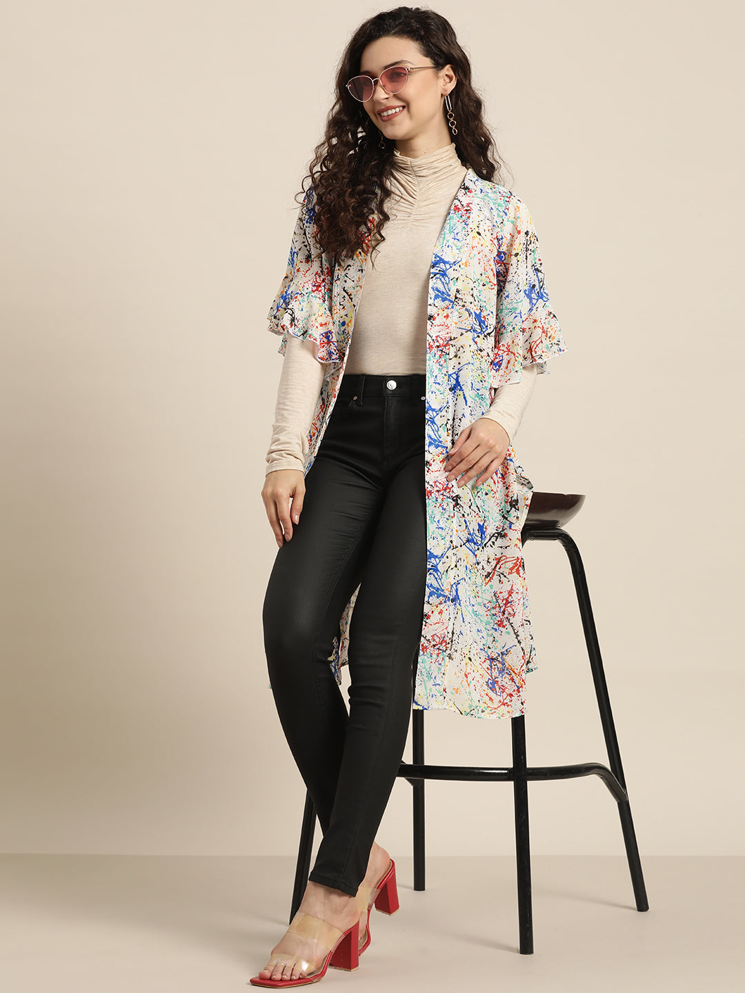 Abstract Print Pastels Light White Regular Fit V Neck Three Quarter Ruffle Sleeve Georgette Shrug