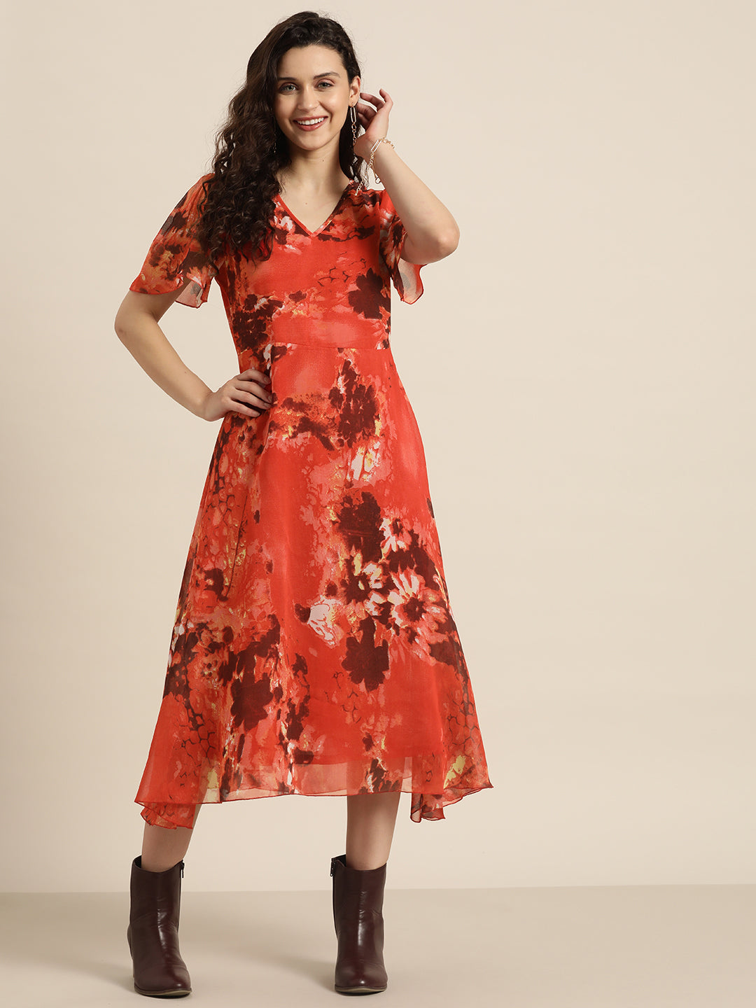 Abstract Dark Red Regular Fit V Neck Half Bell Sleeve Georgette Dress