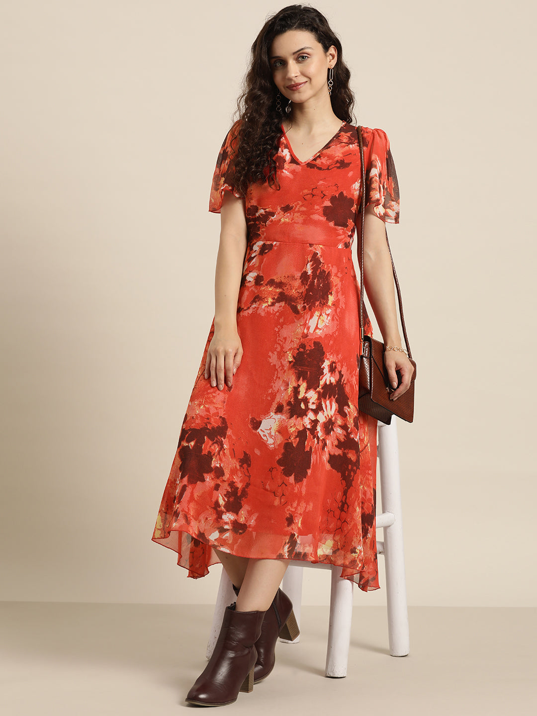 Abstract Dark Red Regular Fit V Neck Half Bell Sleeve Georgette Dress