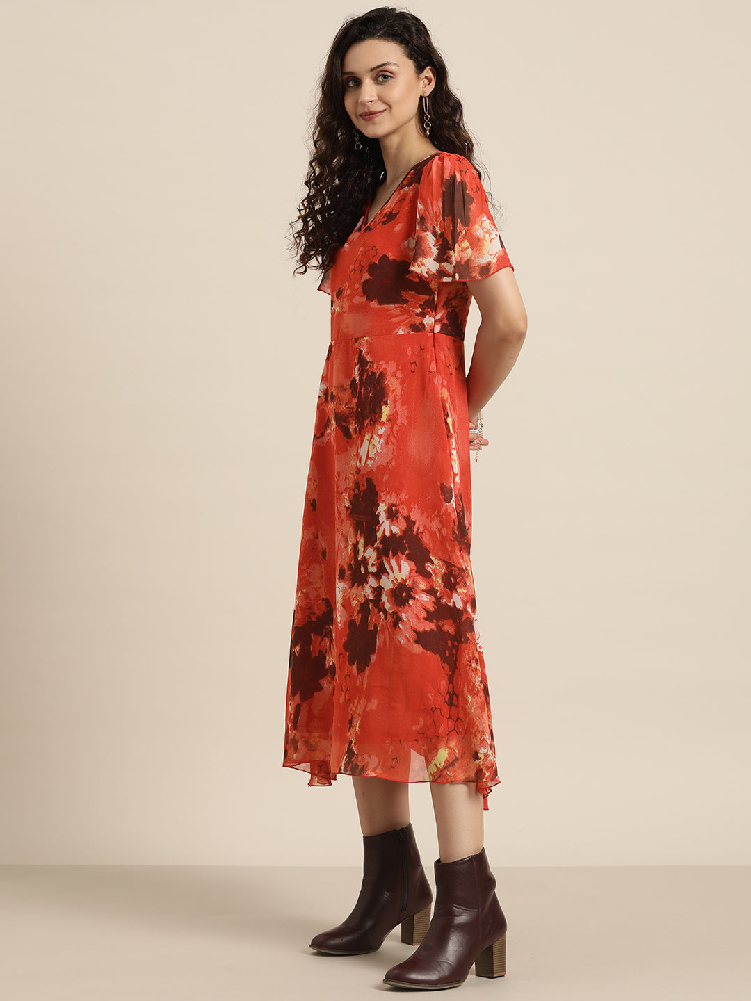 Abstract Dark Red Regular Fit V Neck Half Bell Sleeve Georgette Dress