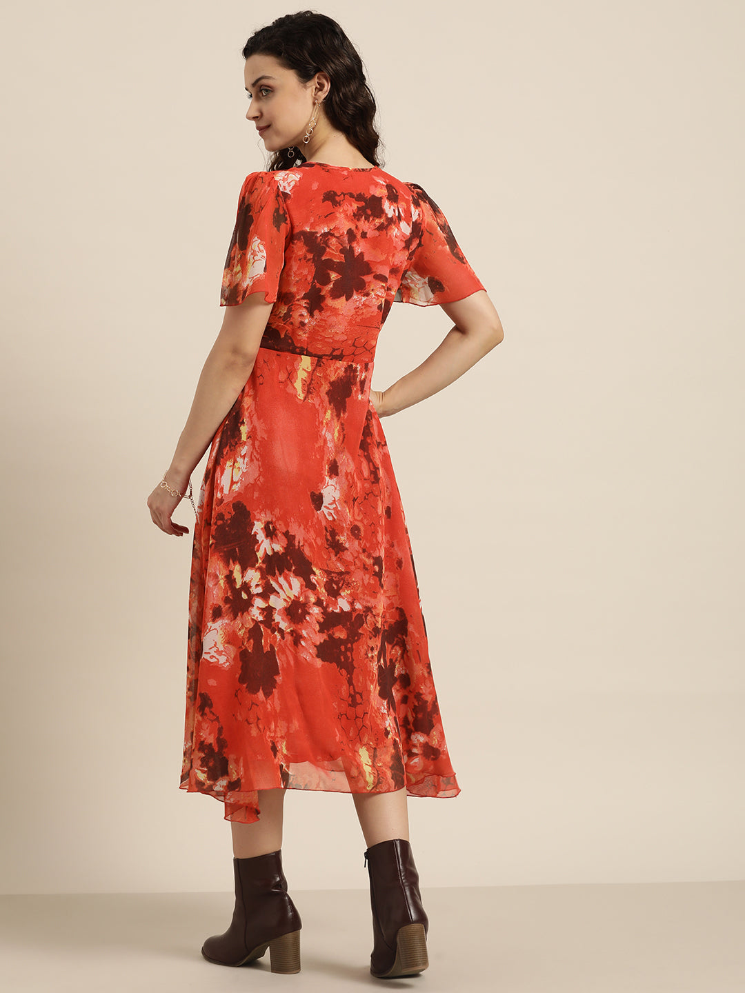 Abstract Dark Red Regular Fit V Neck Half Bell Sleeve Georgette Dress