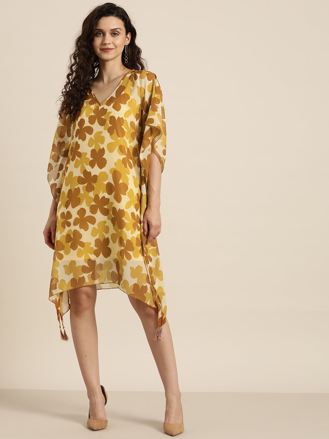 Floral Dark Rust Regular Fit Round Neck Georgette Kaftan