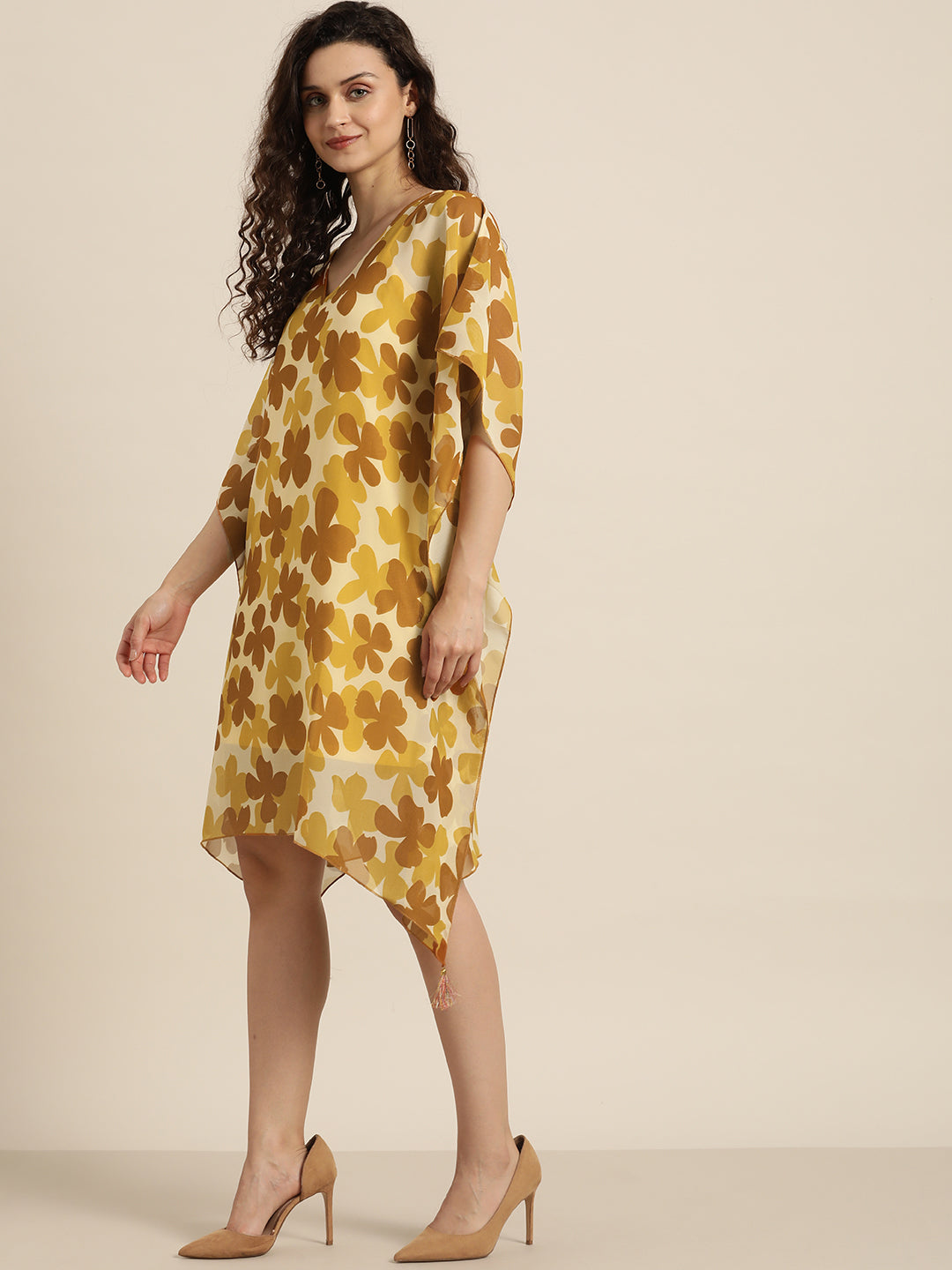 Floral Dark Rust Regular Fit Round Neck Georgette Kaftan