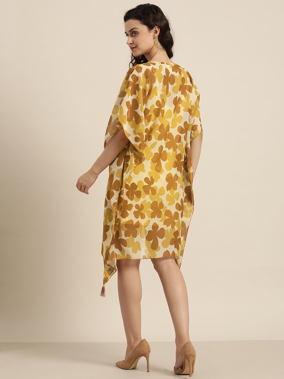 Floral Dark Rust Regular Fit Round Neck Georgette Kaftan