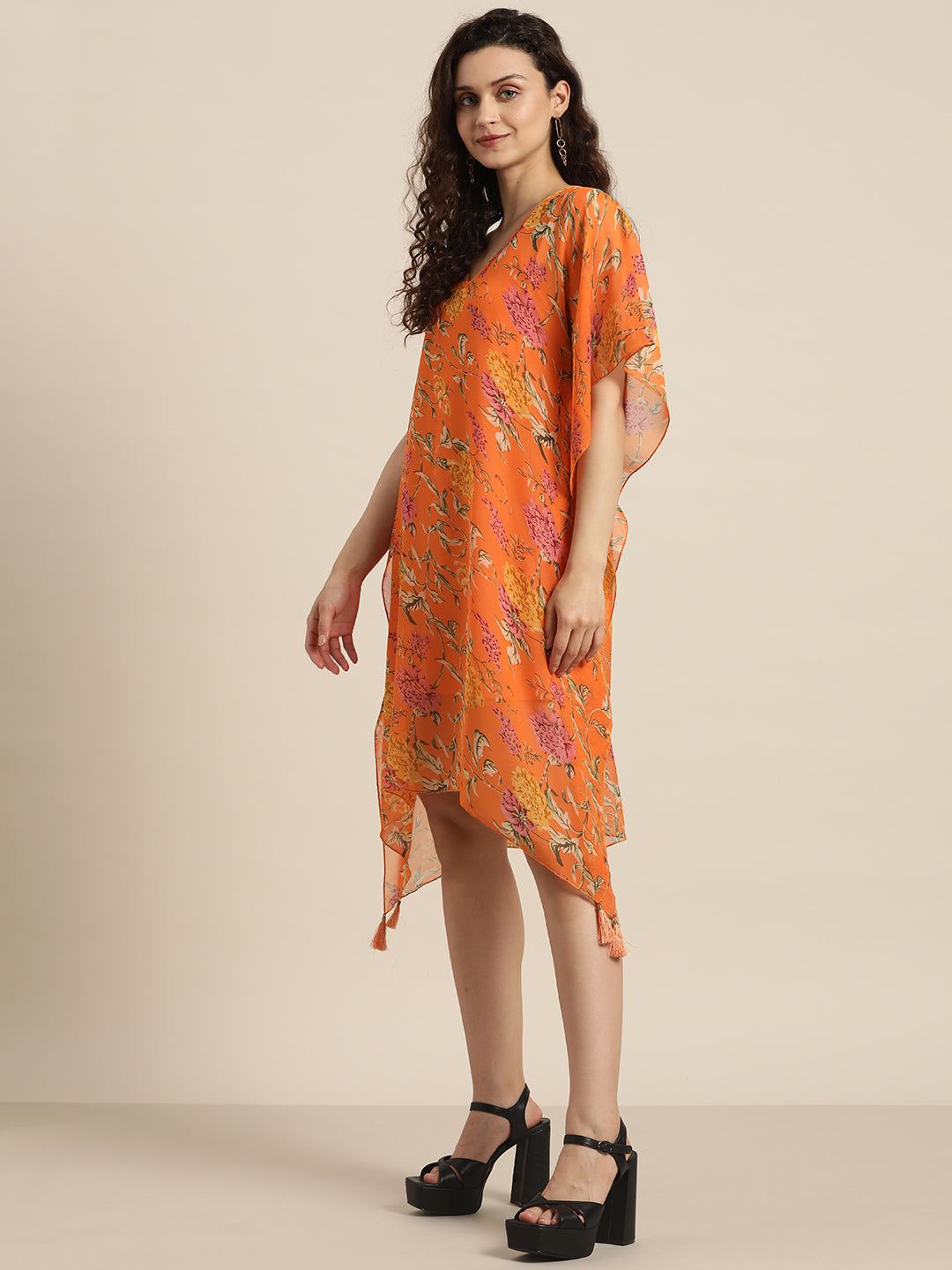 Floral Light Orange Regular Fit Round Neck Georgette Kaftan