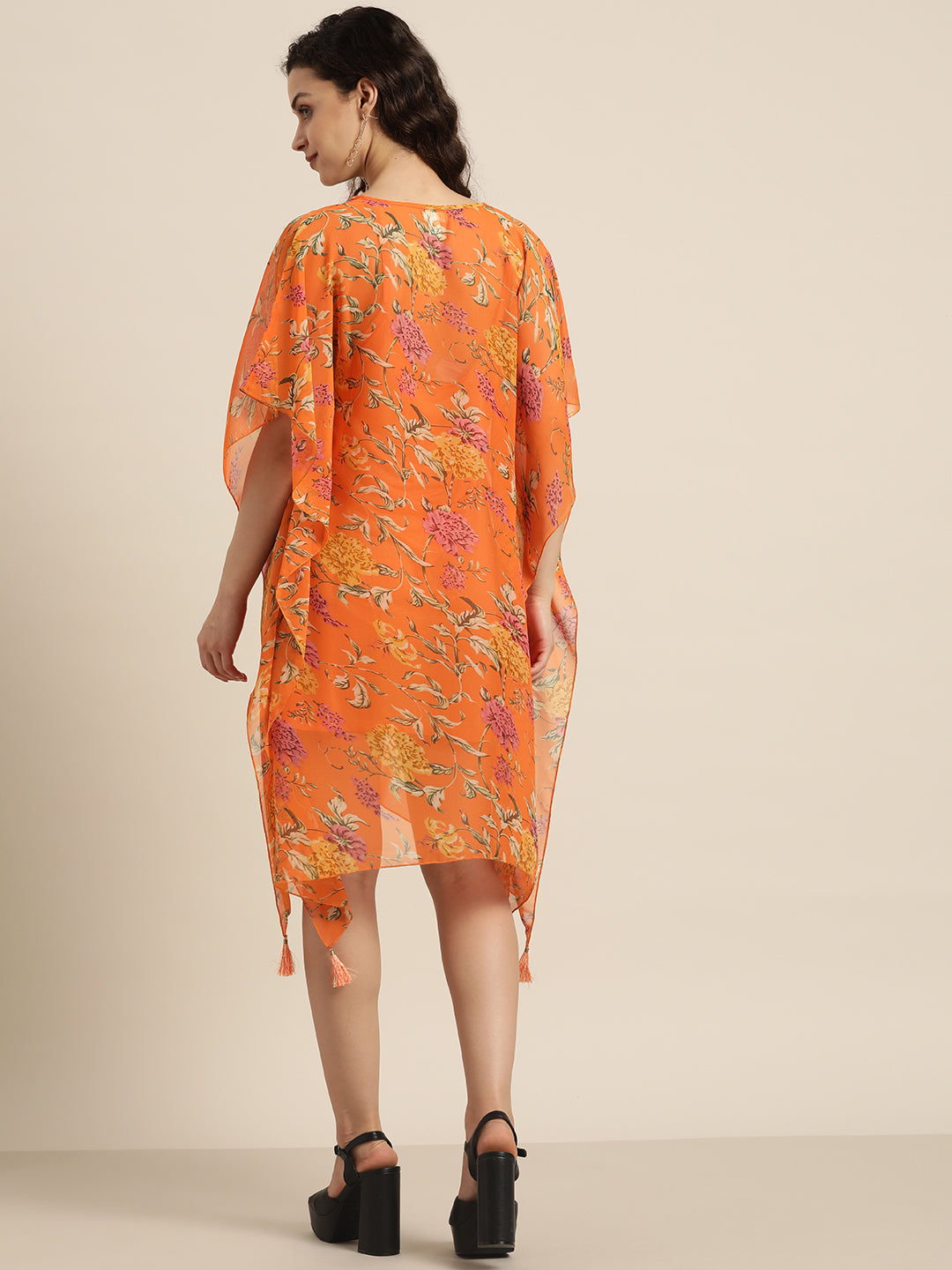 Floral Light Orange Regular Fit Round Neck Georgette Kaftan