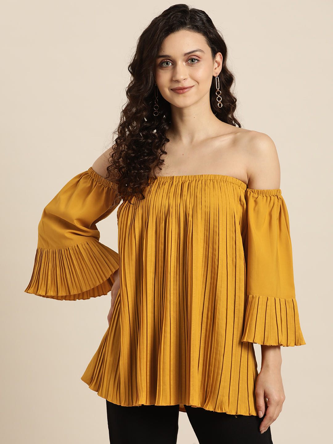 Solid Light Yellow Regular Fit Off Shoulder Quarter Ruffle Sleeve Crepe Top