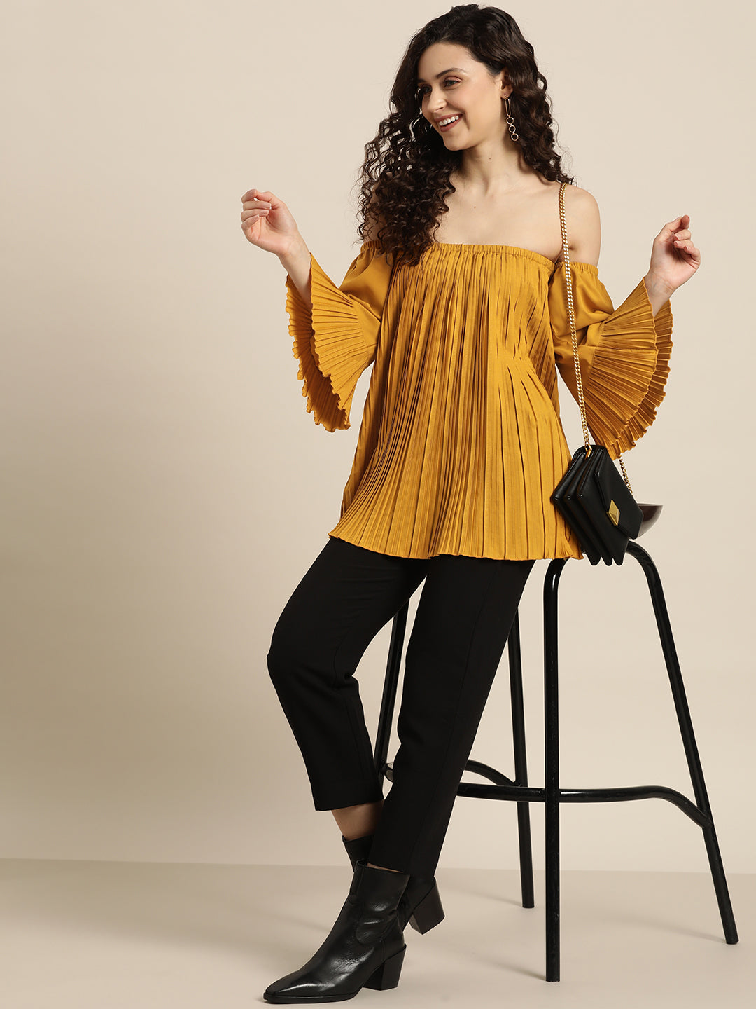 Solid Light Yellow Regular Fit Off Shoulder Quarter Ruffle Sleeve Crepe Top
