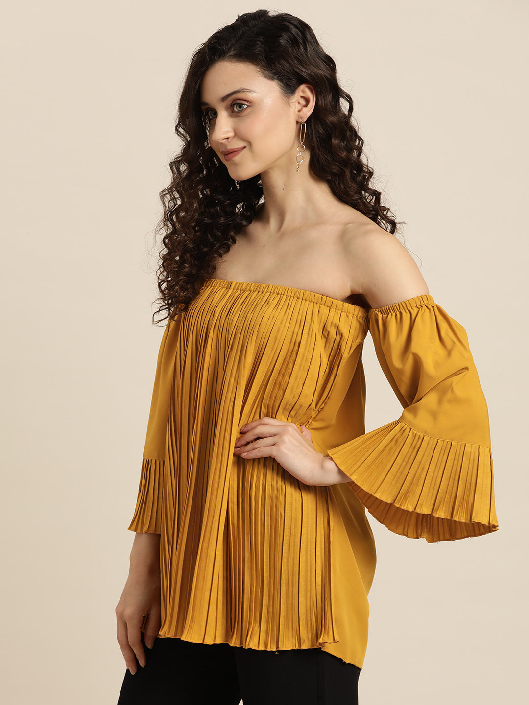 Solid Light Yellow Regular Fit Off Shoulder Quarter Ruffle Sleeve Crepe Top