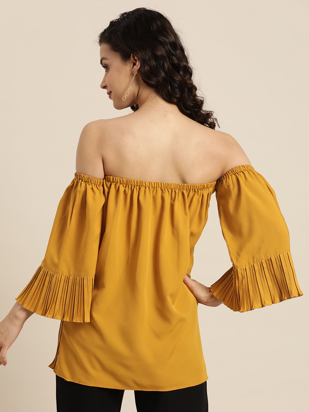 Solid Light Yellow Regular Fit Off Shoulder Quarter Ruffle Sleeve Crepe Top