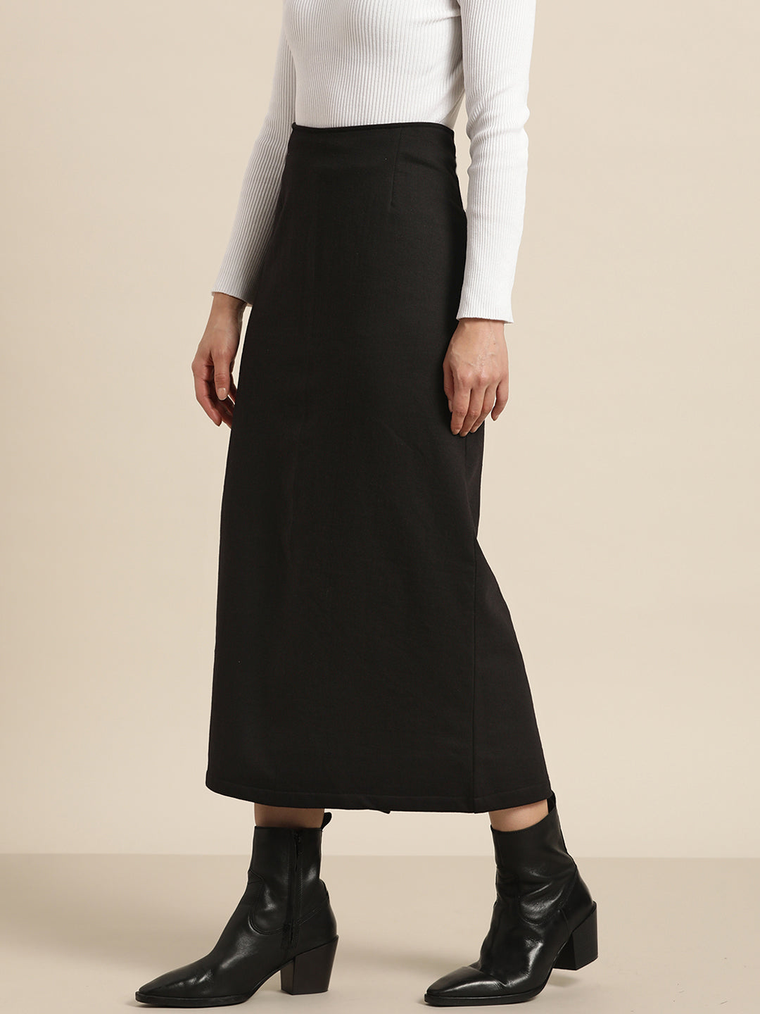 Solid Dark Black Slim Fit Fleece Skirt