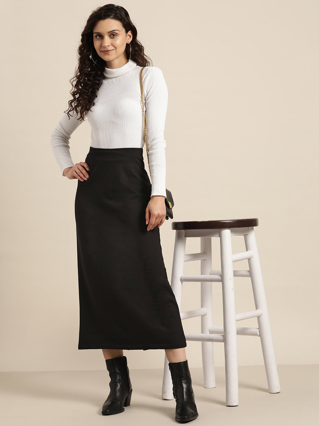 Solid Dark Black Slim Fit Fleece Skirt