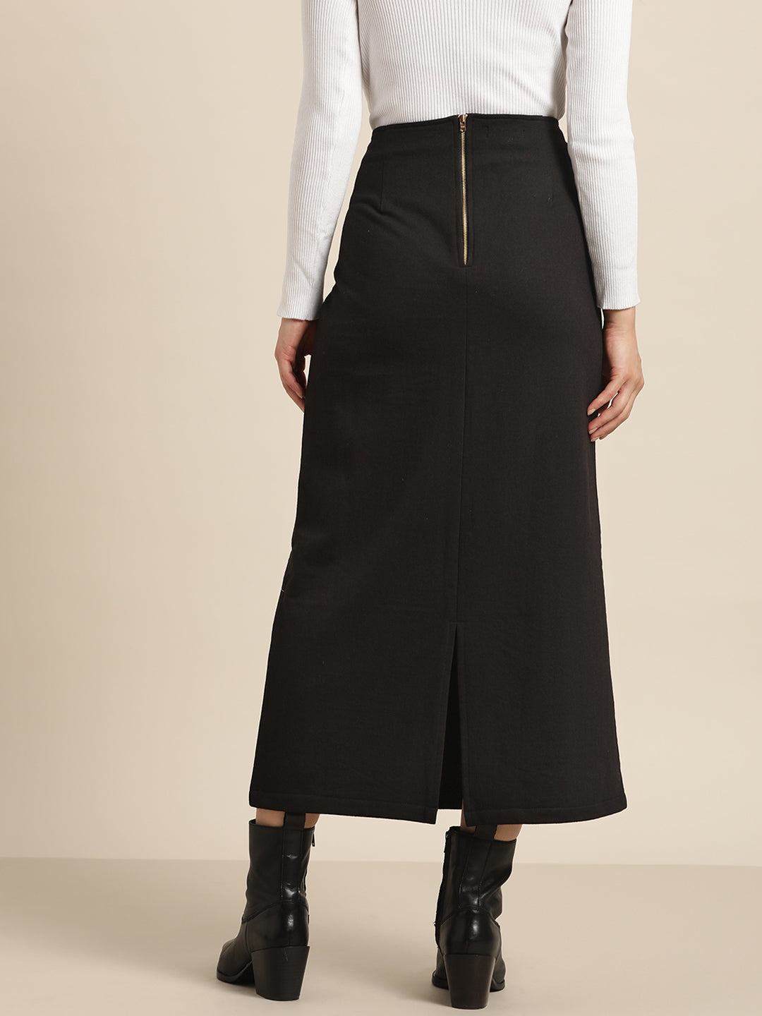 Solid Dark Black Slim Fit Fleece Skirt