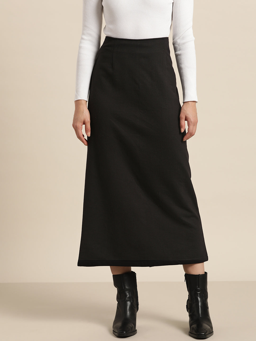 Solid Dark Black Slim Fit Fleece Skirt