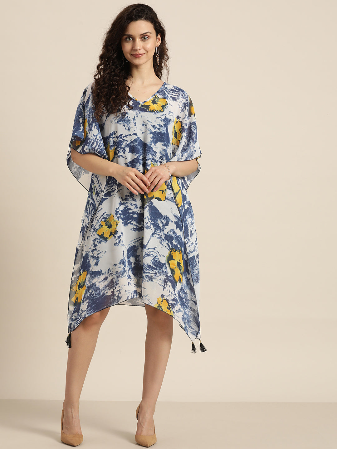 Floral Dark Navy Regular Fit V Neck Georgette Kaftan