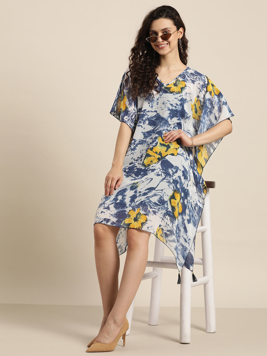 Floral Dark Navy Regular Fit V Neck Georgette Kaftan