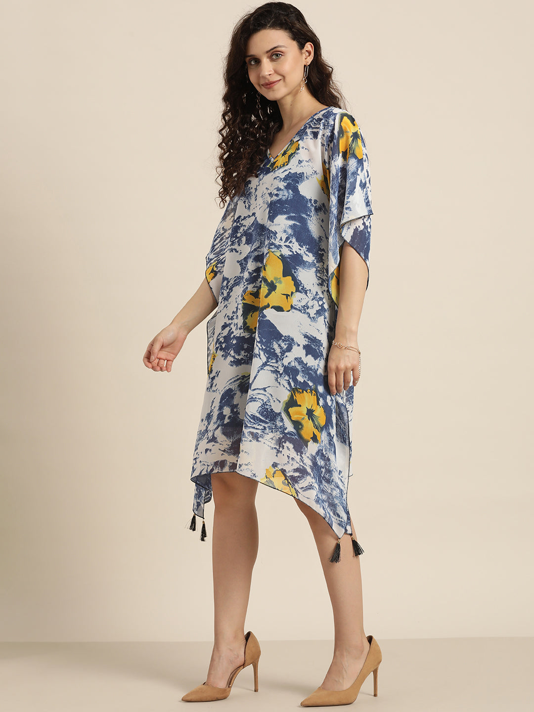 Floral Dark Navy Regular Fit V Neck Georgette Kaftan