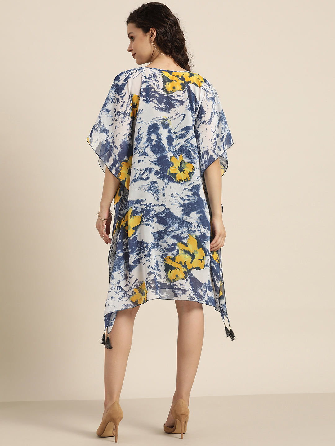 Floral Dark Navy Regular Fit V Neck Georgette Kaftan