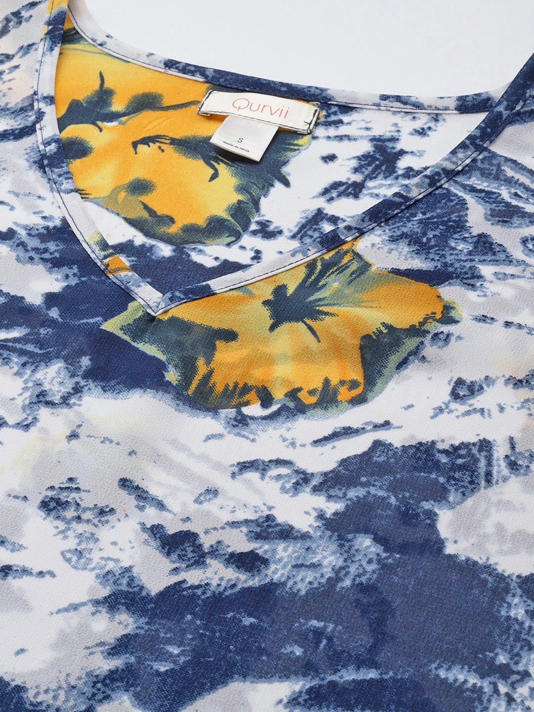 Floral Dark Navy Regular Fit V Neck Georgette Kaftan