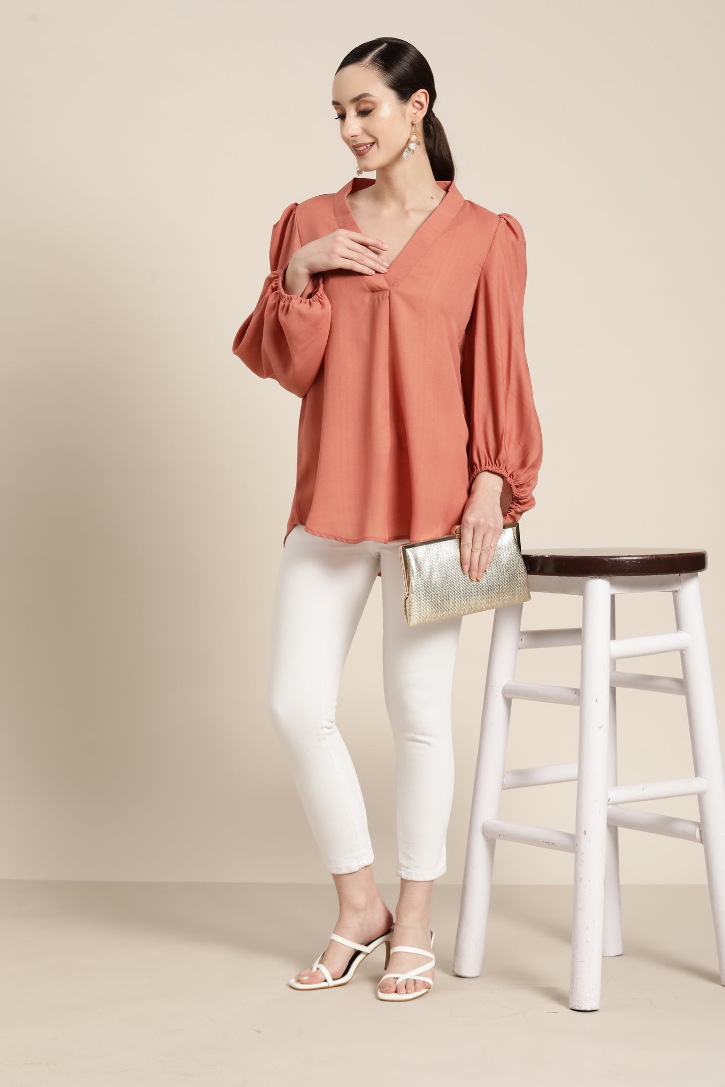 Solid Print Pastels Light Peach Regular Fit Mandarin Collar Full Moss Crepe Top