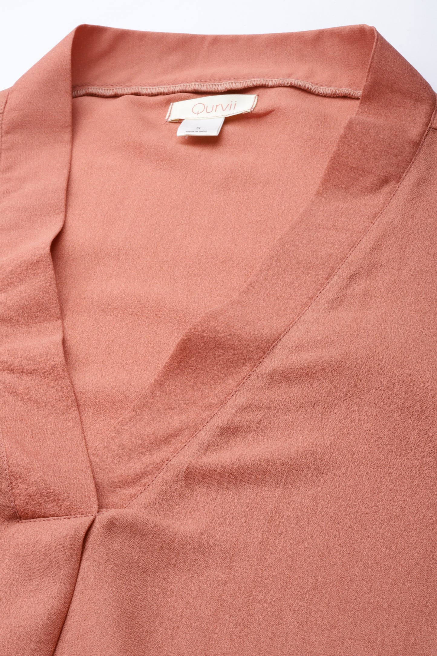 Solid Print Pastels Light Peach Regular Fit Mandarin Collar Full Moss Crepe Top
