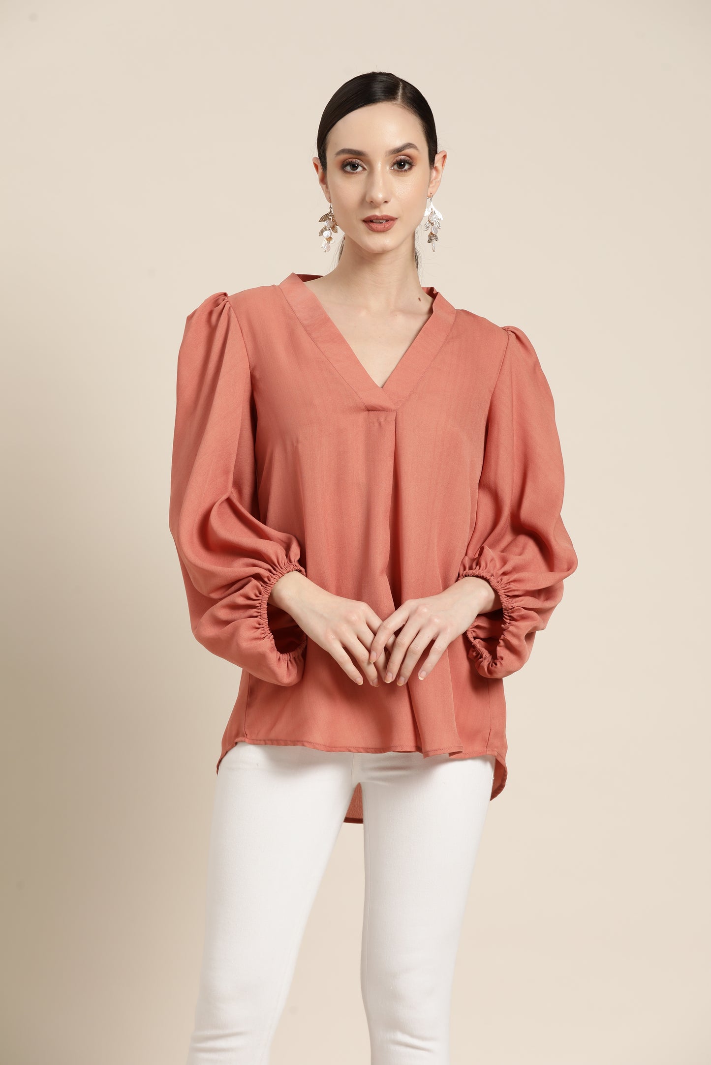 Solid Print Pastels Light Peach Regular Fit Mandarin Collar Full Moss Crepe Top