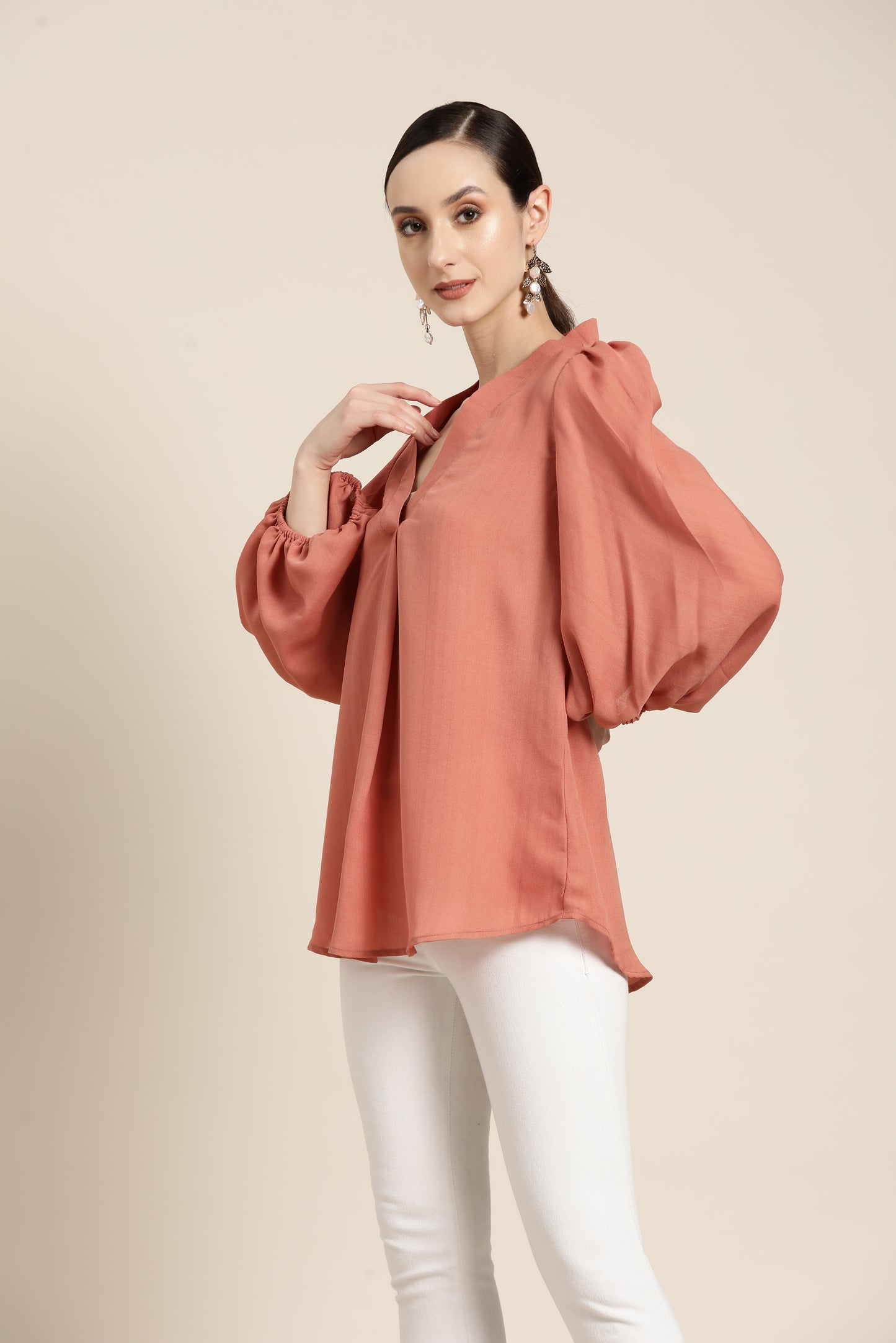 Solid Print Pastels Light Peach Regular Fit Mandarin Collar Full Moss Crepe Top