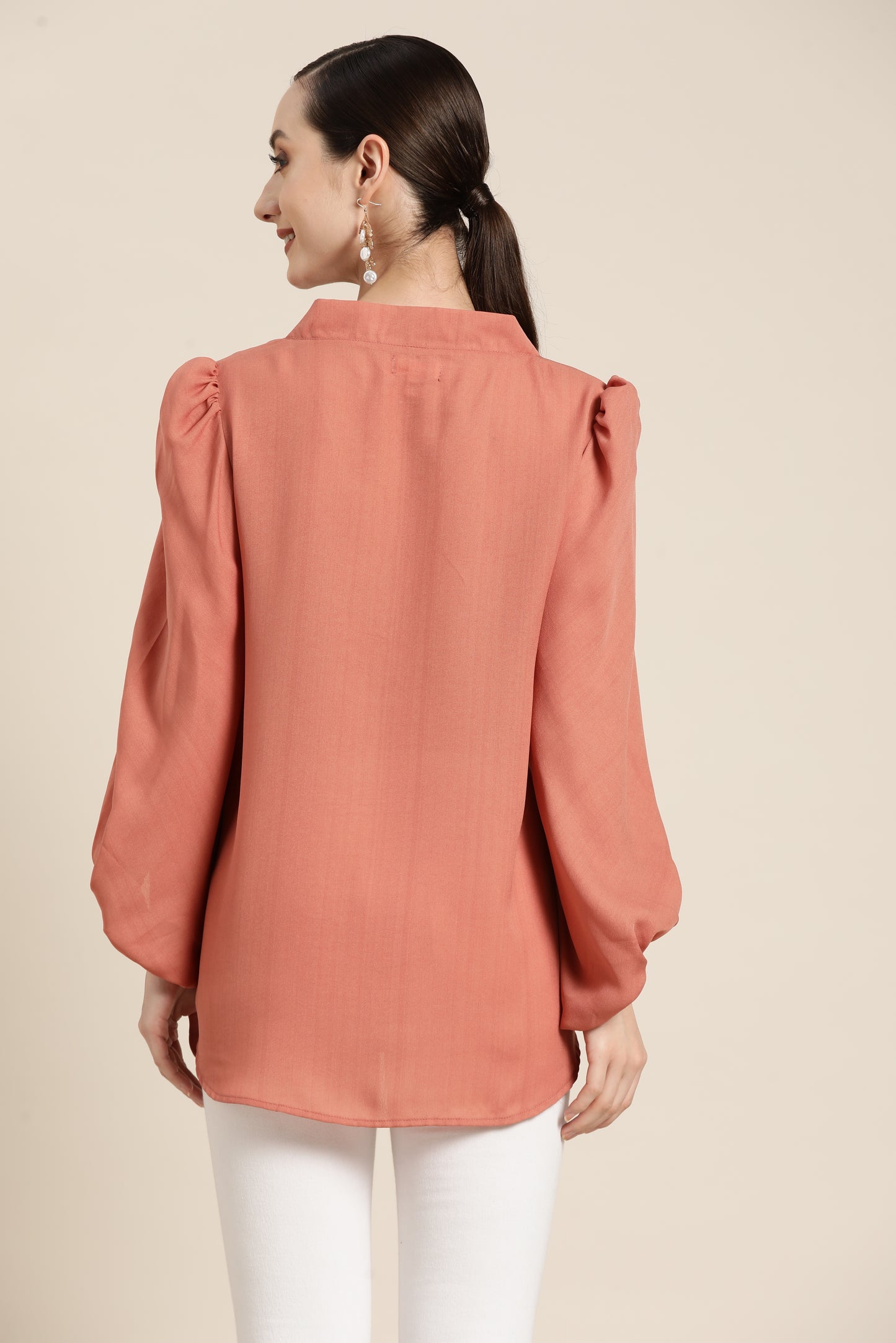 Solid Print Pastels Light Peach Regular Fit Mandarin Collar Full Moss Crepe Top