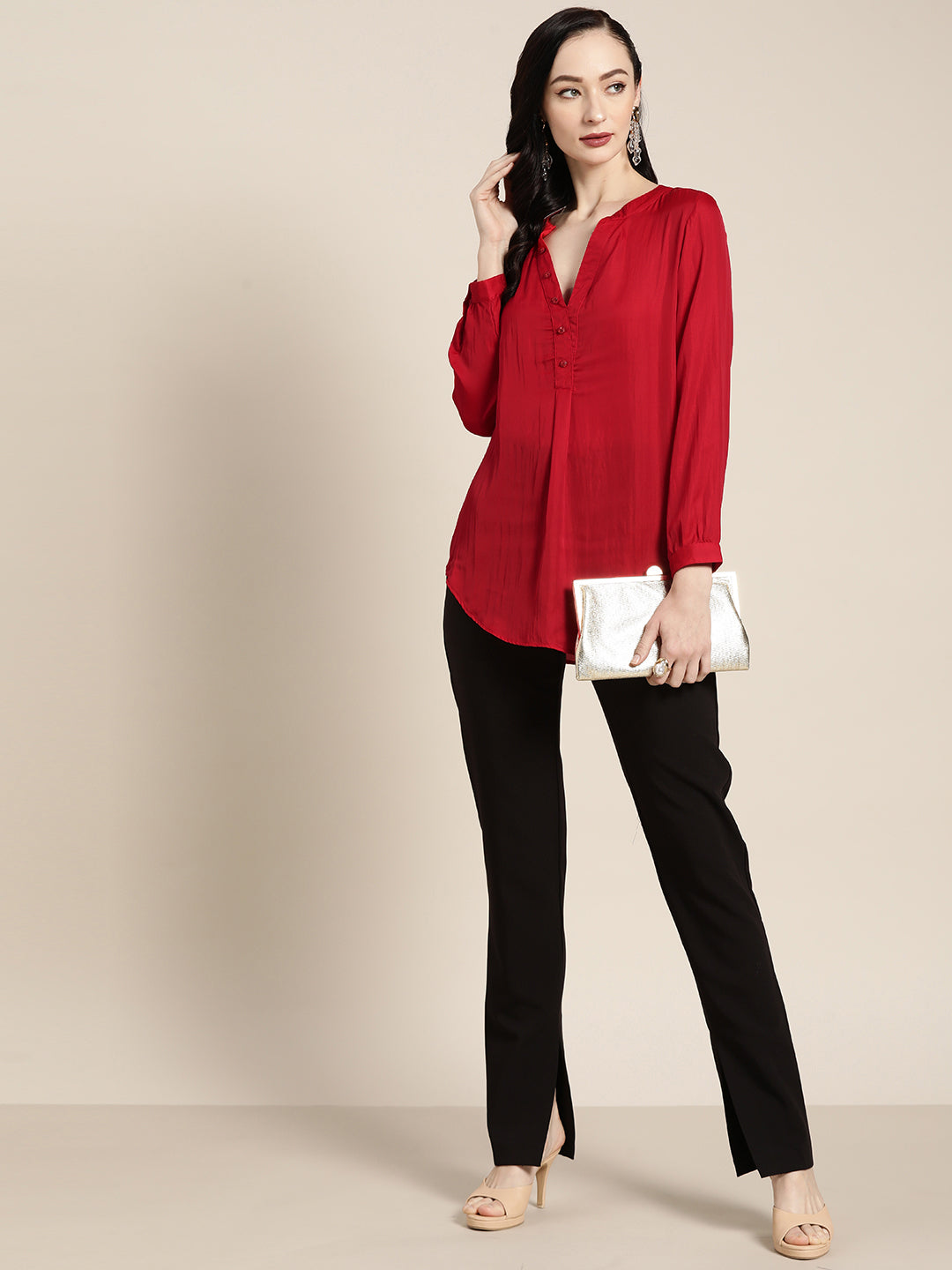 Solid Dark Red Regular Fit Mandarin Collar Full Cuff Sleeve Silk Top