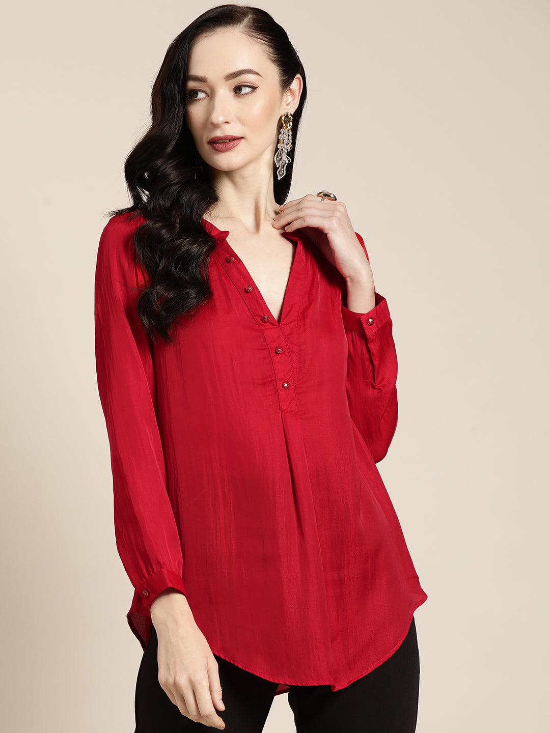 Solid Dark Red Regular Fit Mandarin Collar Full Cuff Sleeve Silk Top