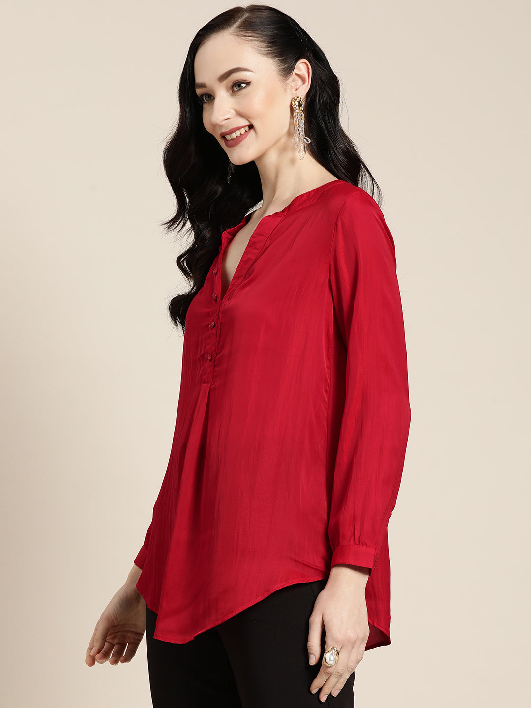Solid Dark Red Regular Fit Mandarin Collar Full Cuff Sleeve Silk Top
