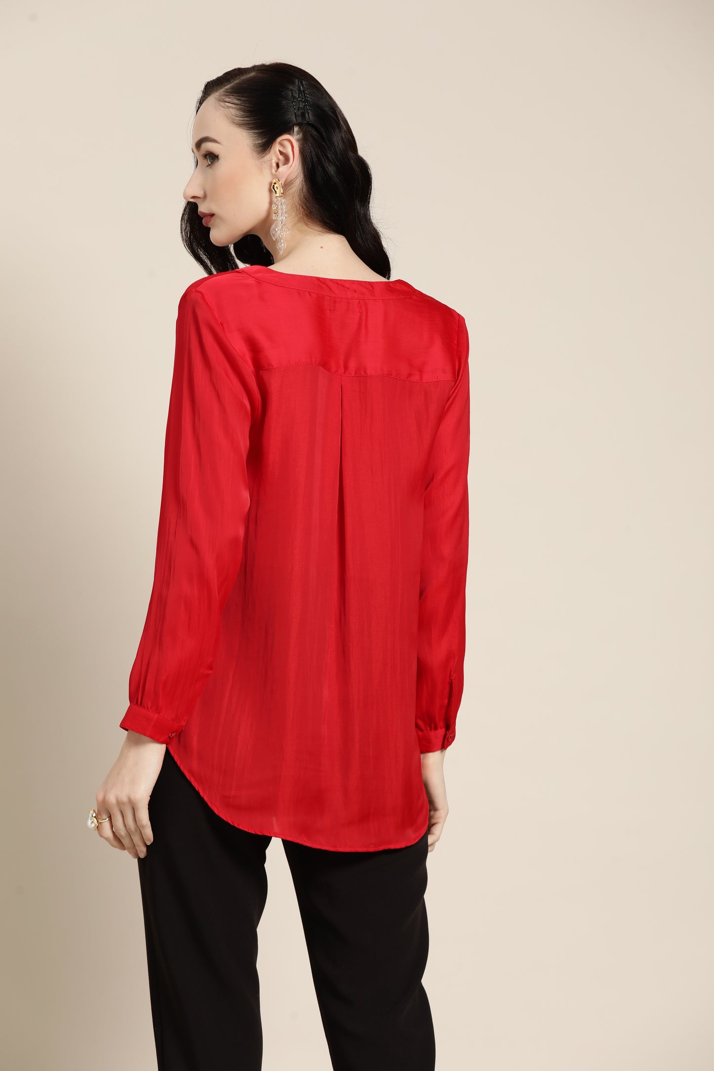 Solid Dark Red Regular Fit Mandarin Collar Full Cuff Sleeve Silk Top
