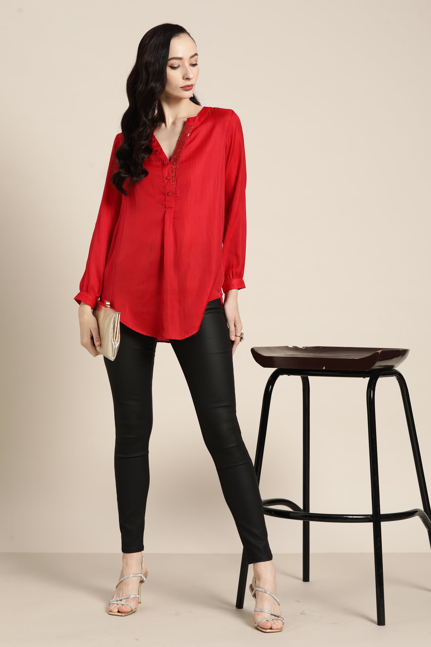 Solid Dark Red Regular Fit Mandarin Collar Full Cuff Sleeve Silk Top