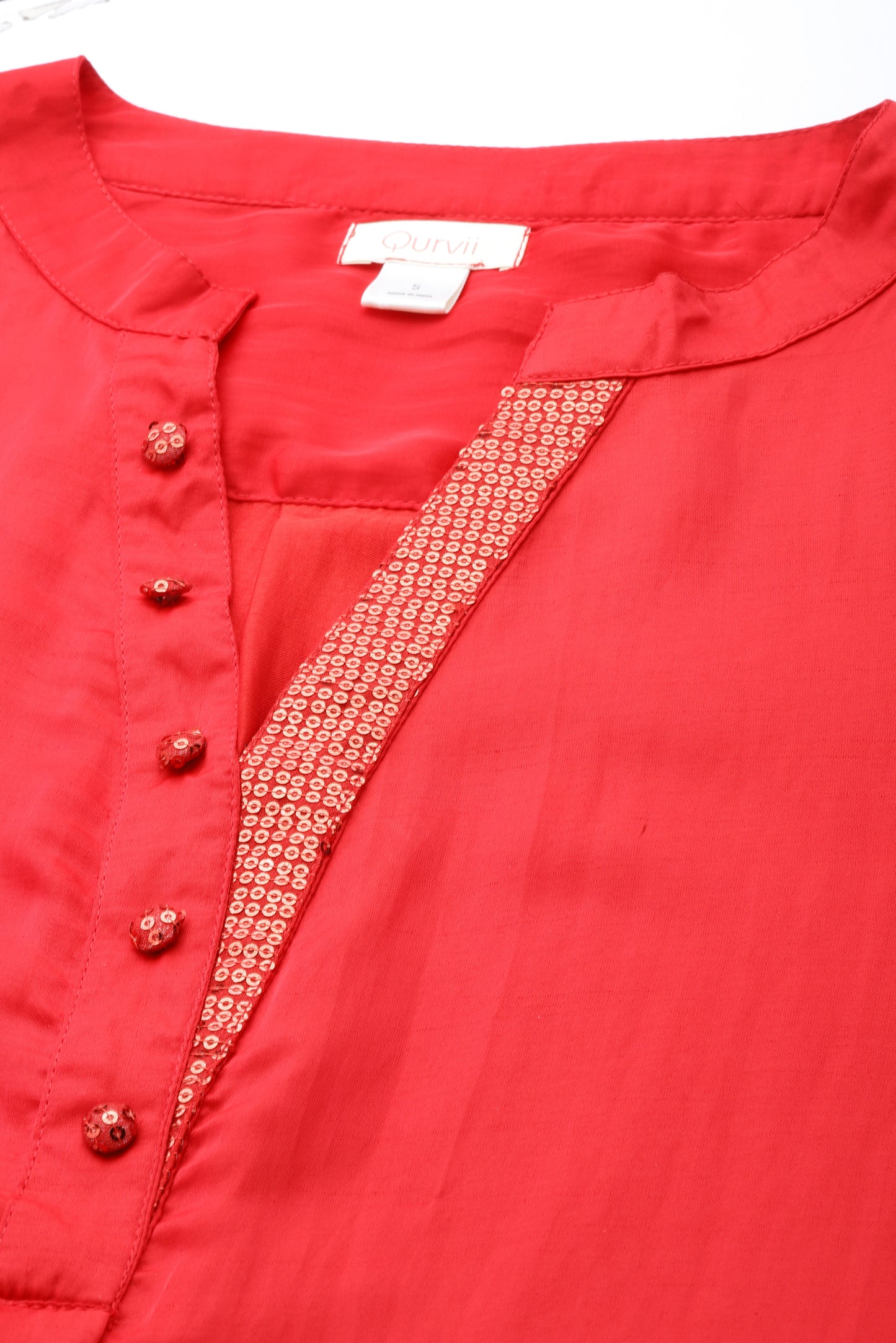 Solid Dark Red Regular Fit Mandarin Collar Full Cuff Sleeve Silk Top