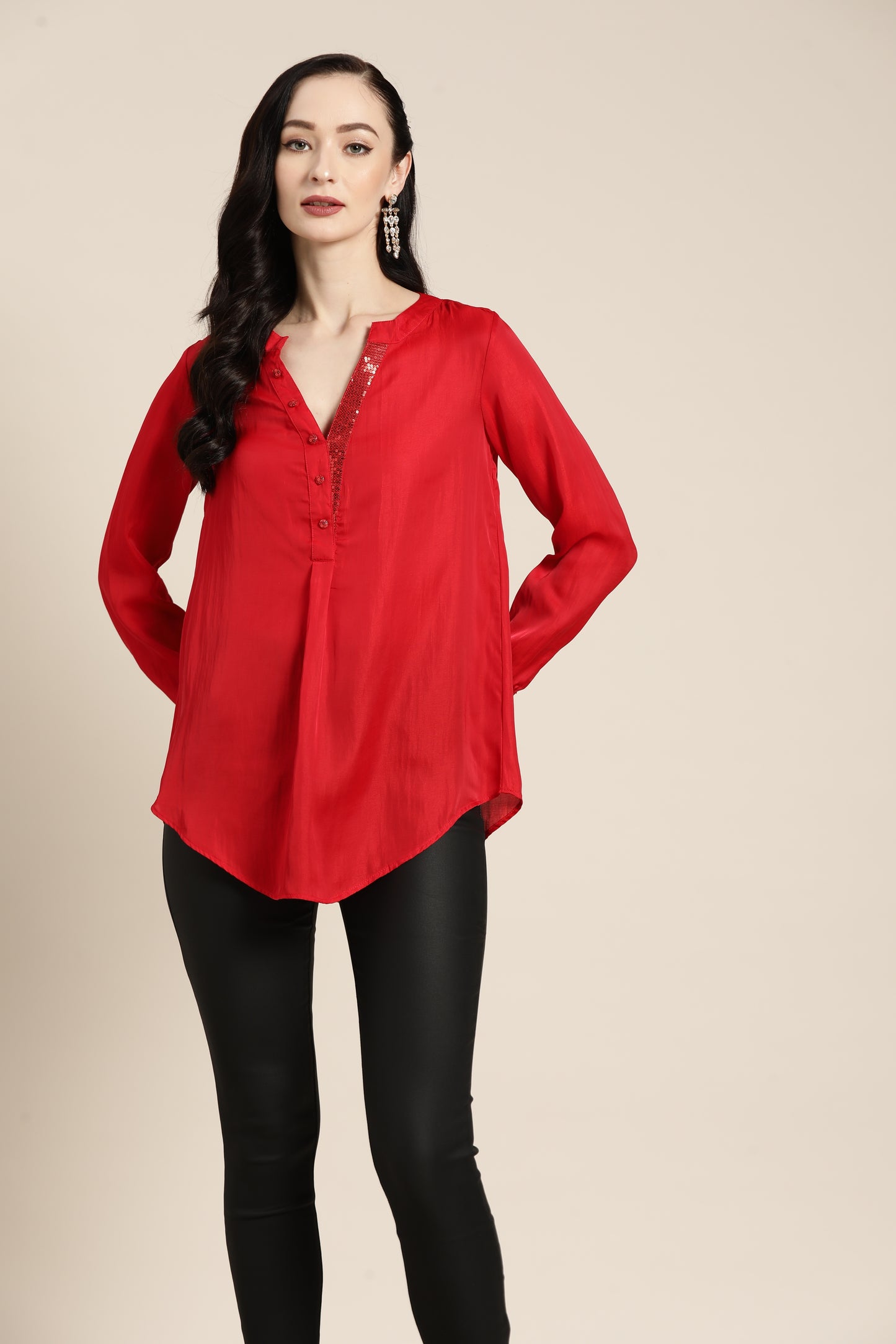 Solid Dark Red Regular Fit Mandarin Collar Full Cuff Sleeve Silk Top