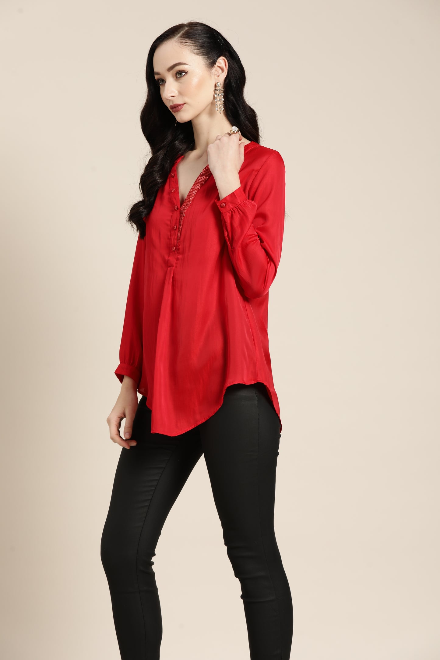 Solid Dark Red Regular Fit Mandarin Collar Full Cuff Sleeve Silk Top
