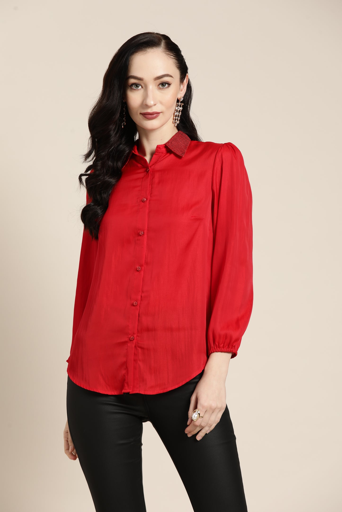 Solid Dark Red Regular Fit Button Front Full Silk Shirt