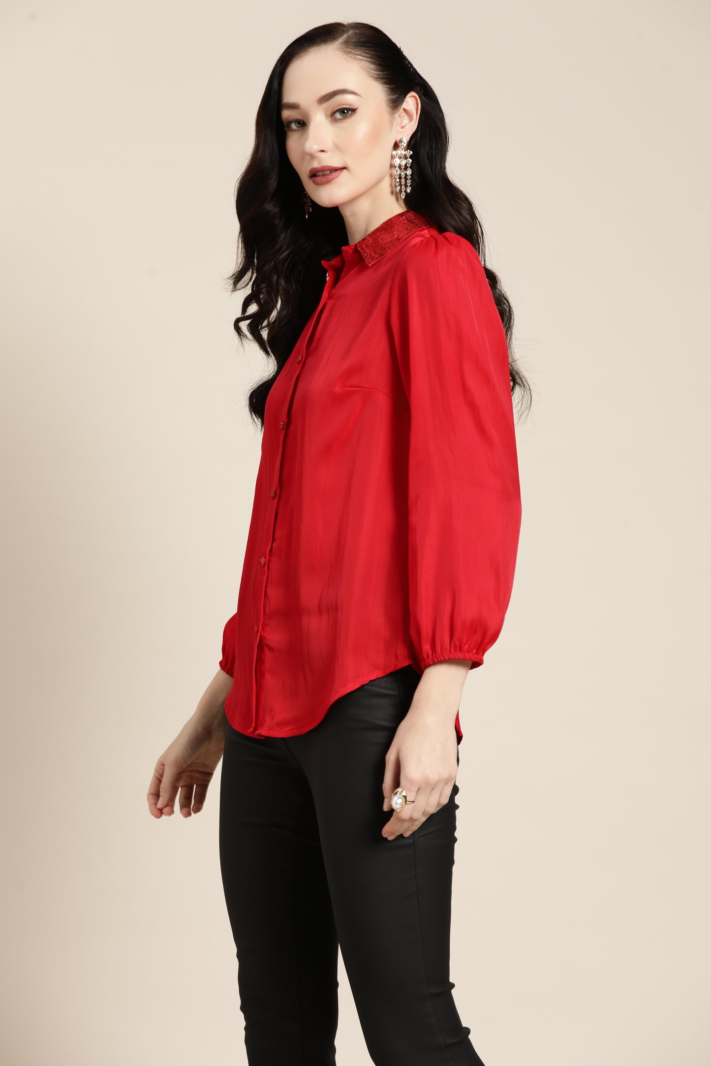 Solid Dark Red Regular Fit Button Front Full Silk Shirt