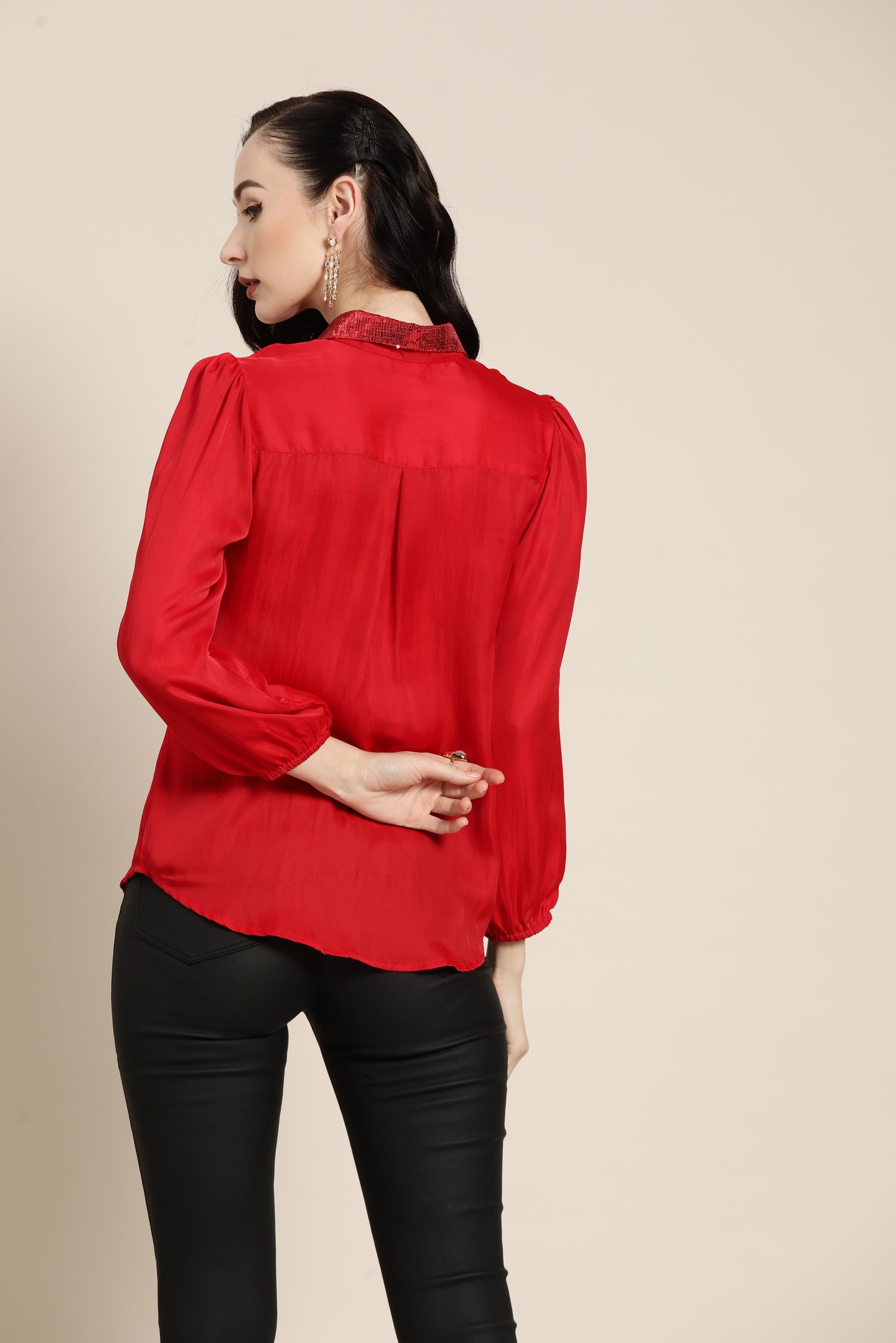 Solid Dark Red Regular Fit Button Front Full Silk Shirt