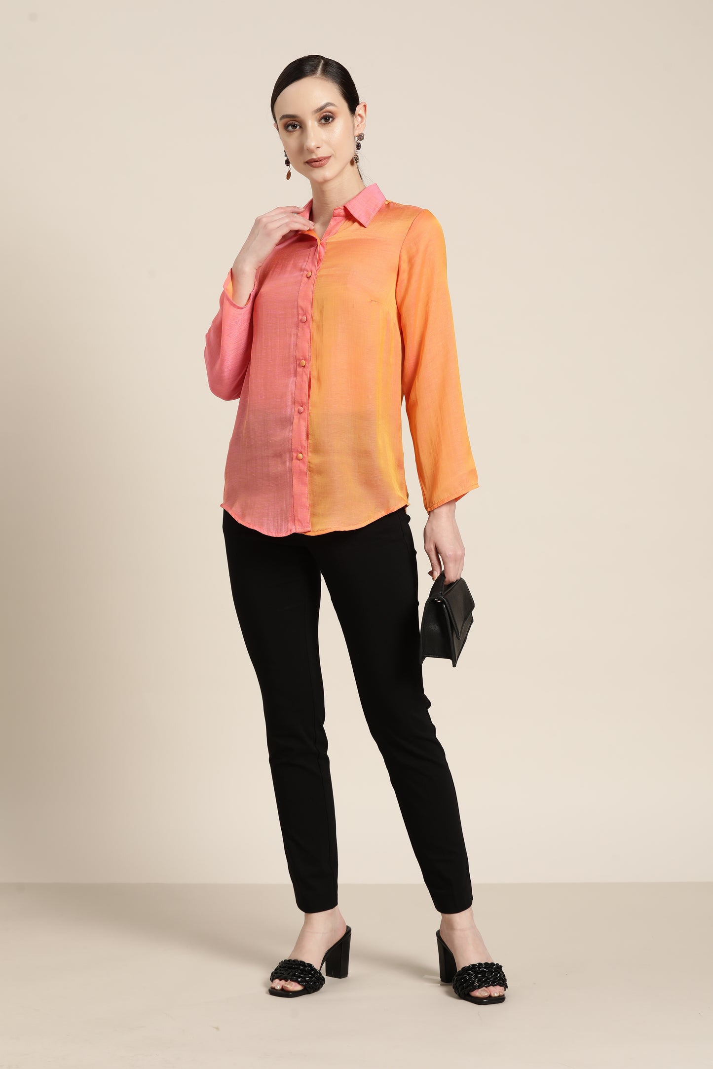 Solid Print Pastels Light Peach Regular Fit Button Front Full Cuff Sleeve Silk Shirt