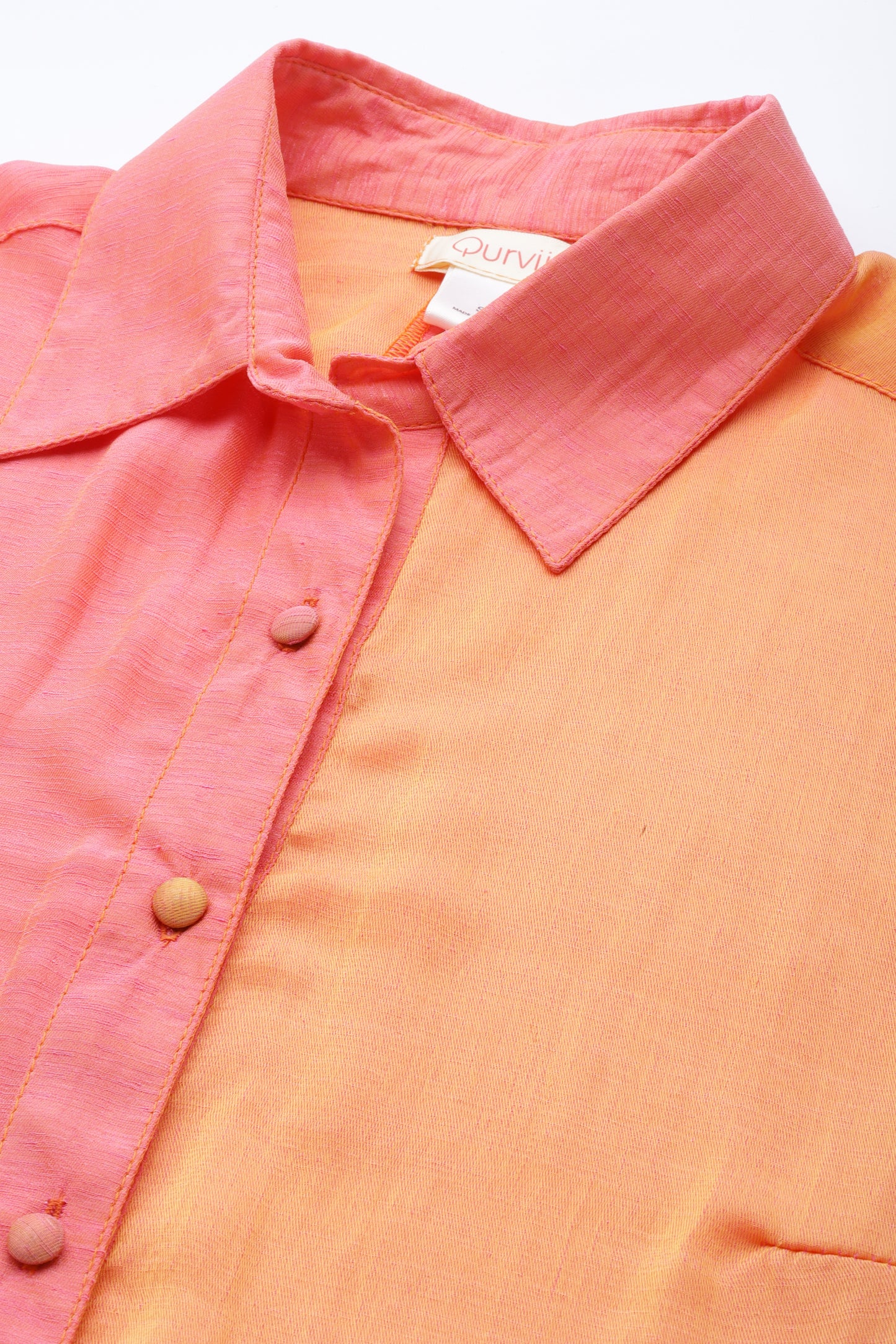 Solid Print Pastels Light Peach Regular Fit Button Front Full Cuff Sleeve Silk Shirt