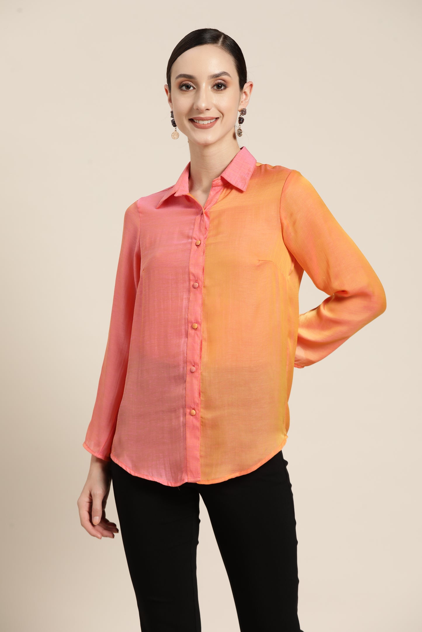Solid Print Pastels Light Peach Regular Fit Button Front Full Cuff Sleeve Silk Shirt