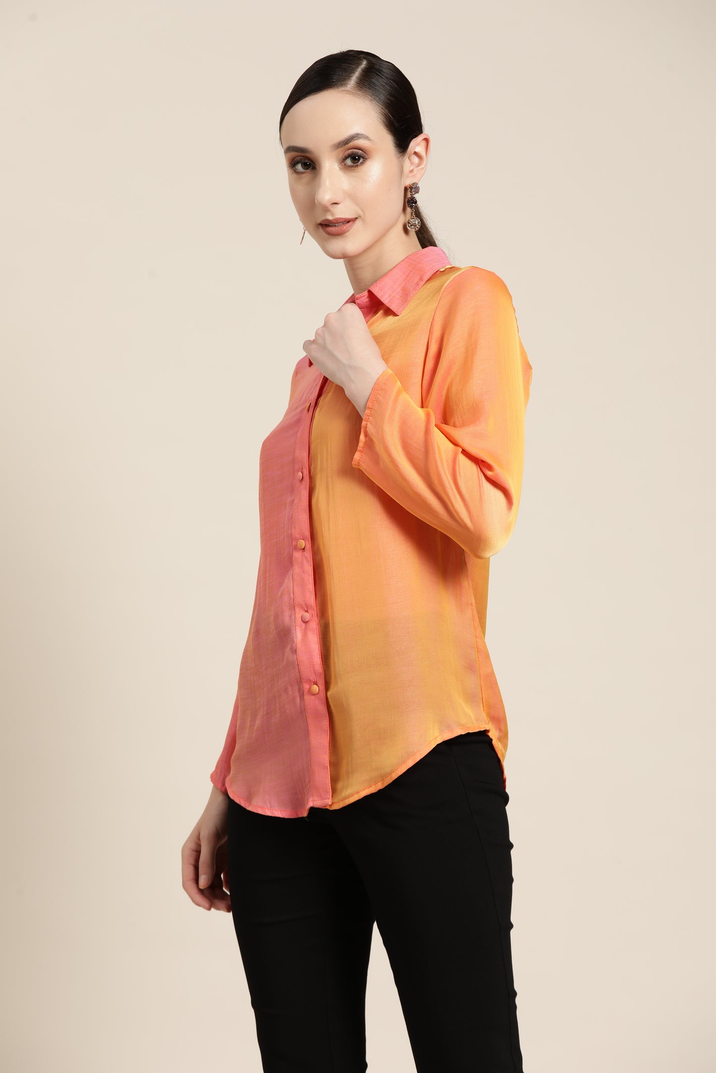 Solid Print Pastels Light Peach Regular Fit Button Front Full Cuff Sleeve Silk Shirt