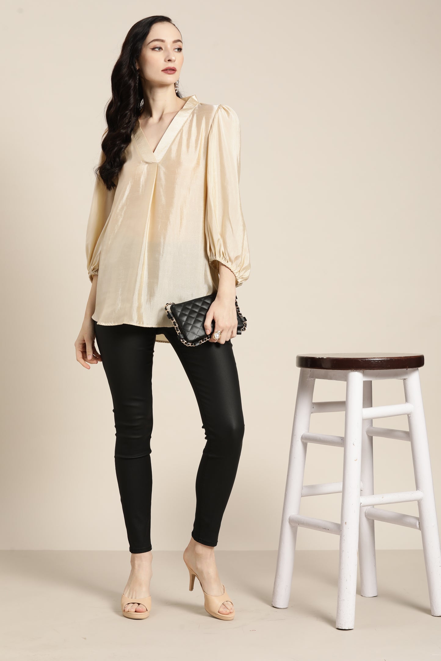 Solid Light Ivory Regular Fit V Neck Full Silk Top